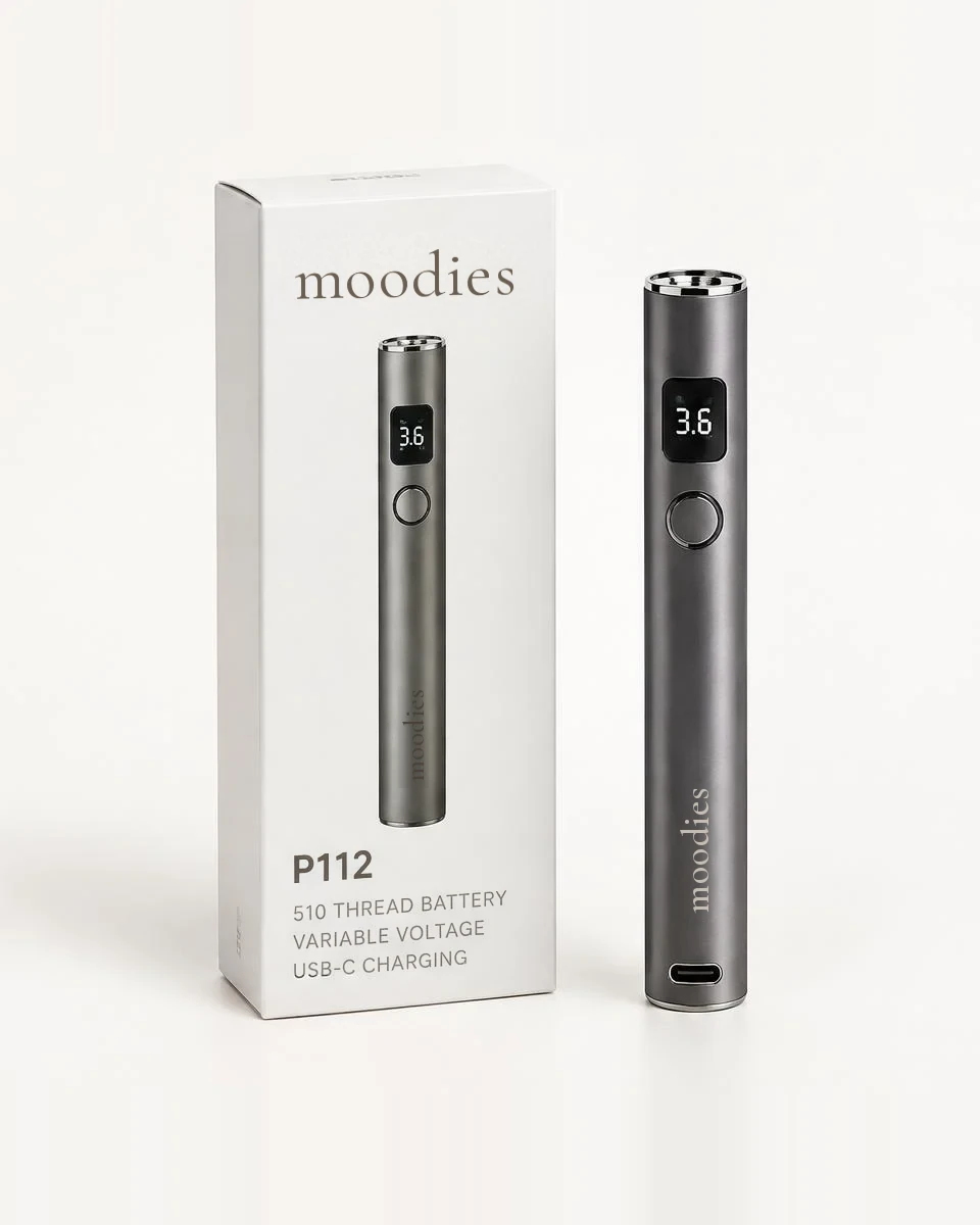 Moodies P112 510 thread smart display battery in gunmetal steel beside its white Moodies box