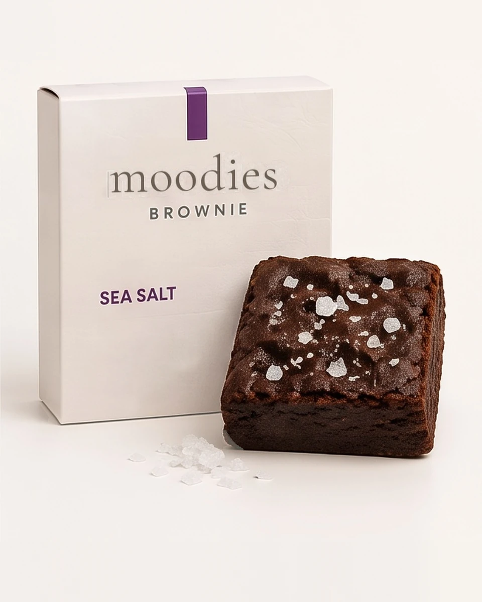Moodies balance sea salt brownie in its Moodies packaging