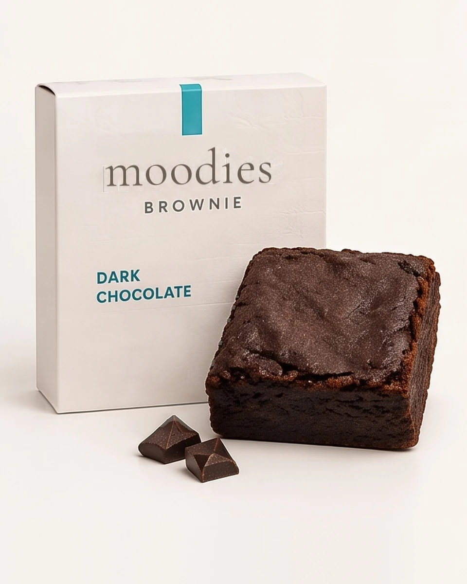 Moodies calm dark chocolate brownie in its Moodies packaging