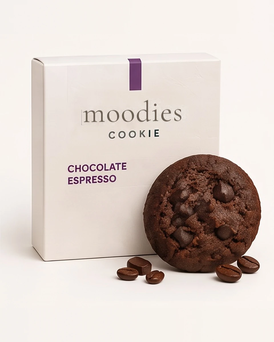 Moodies balance chocolate espresso cookie in its Moodies packaging