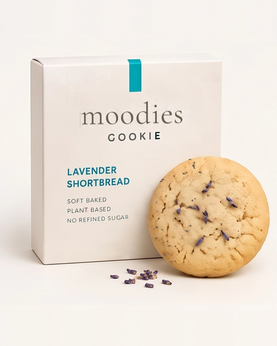 Moodies calm lavender shortbread cookie in its Moodies packaging