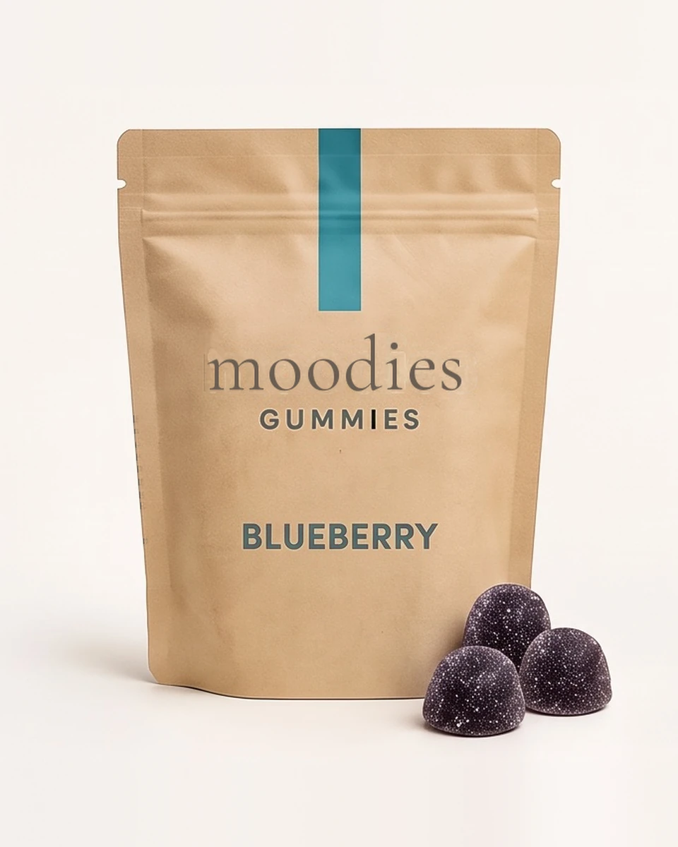 Moodies calm blueberry gummies in its Moodies packaging
