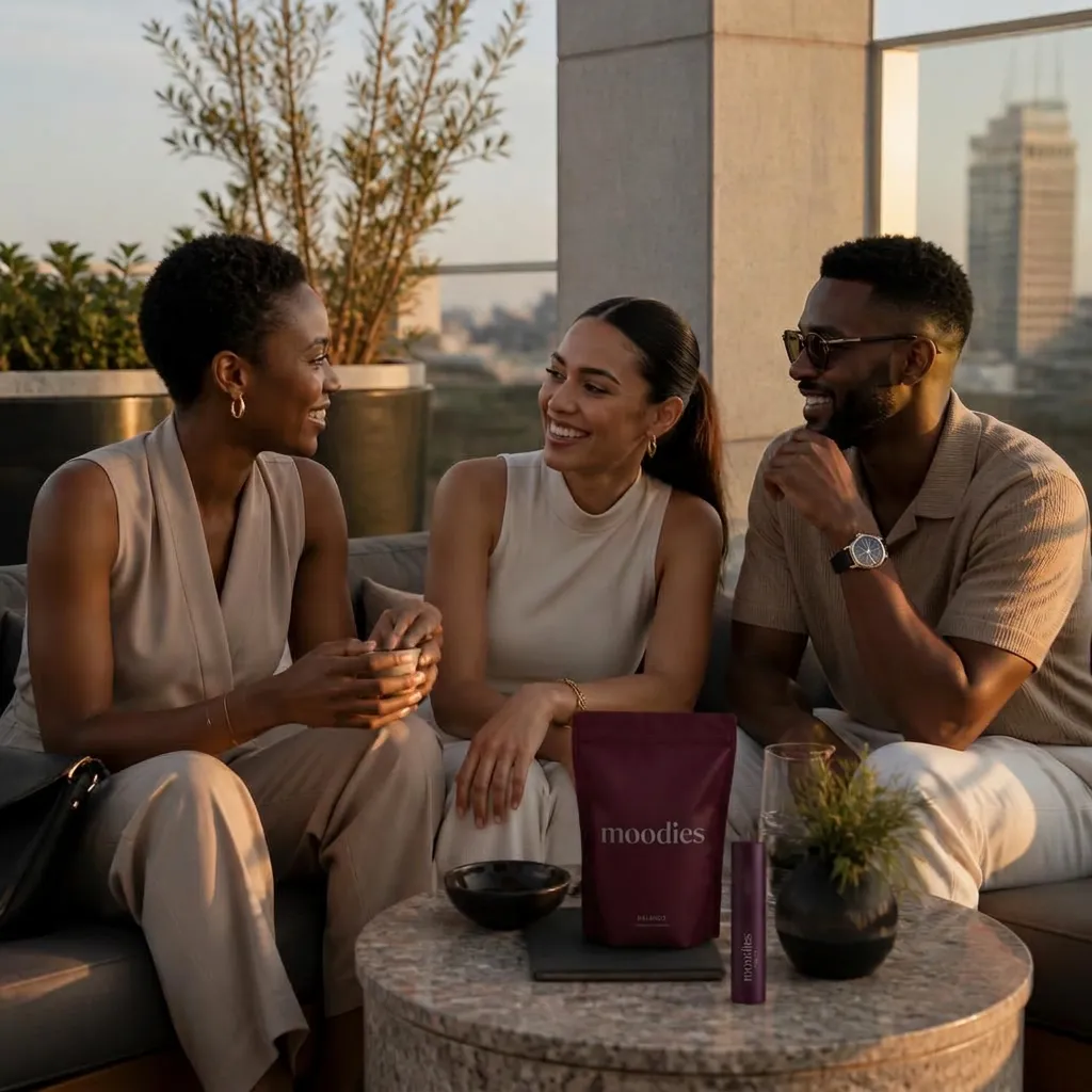 Friends connecting over Balance products at golden hour