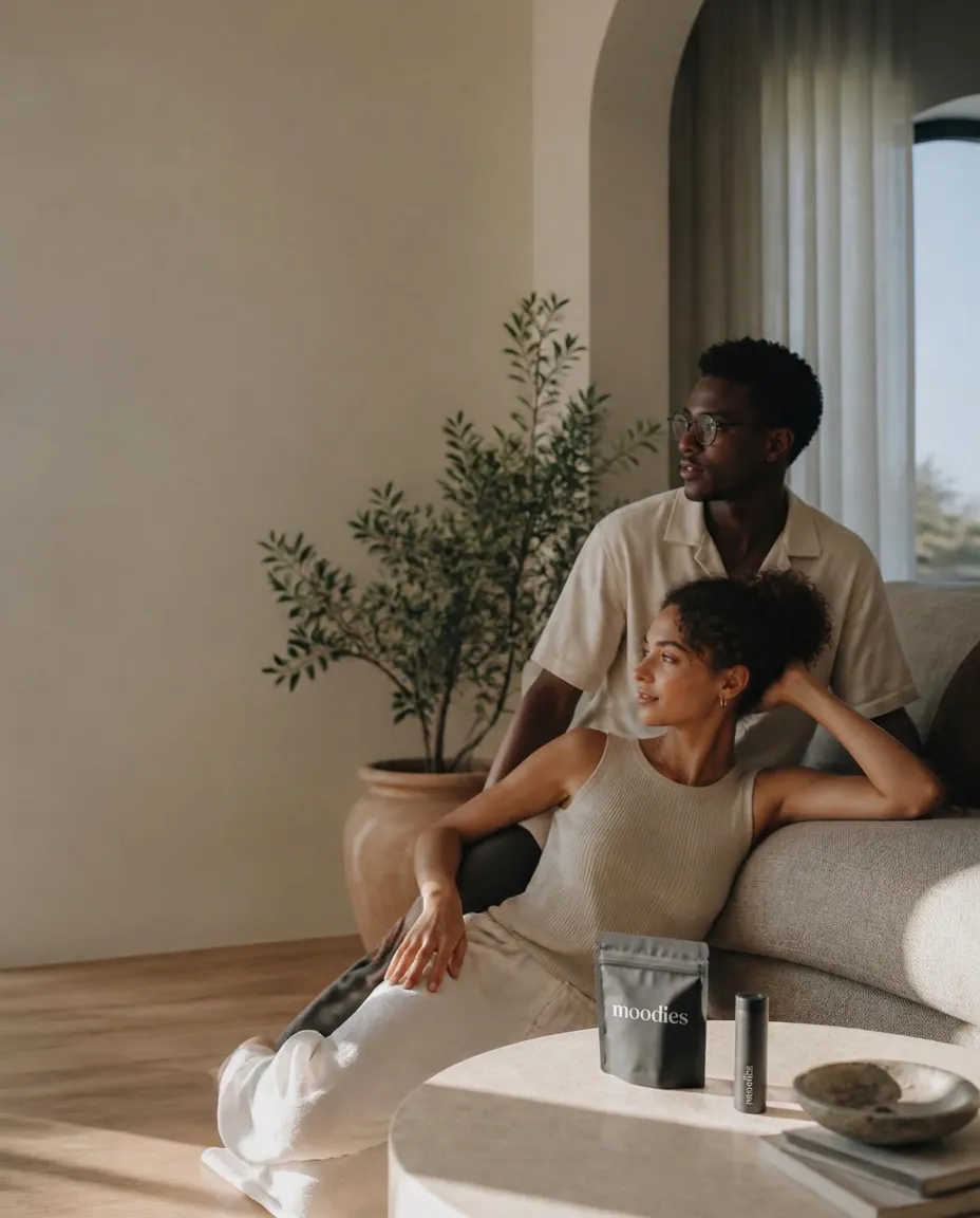 South African couple relaxing with Moodies wellness products in a refined apartment