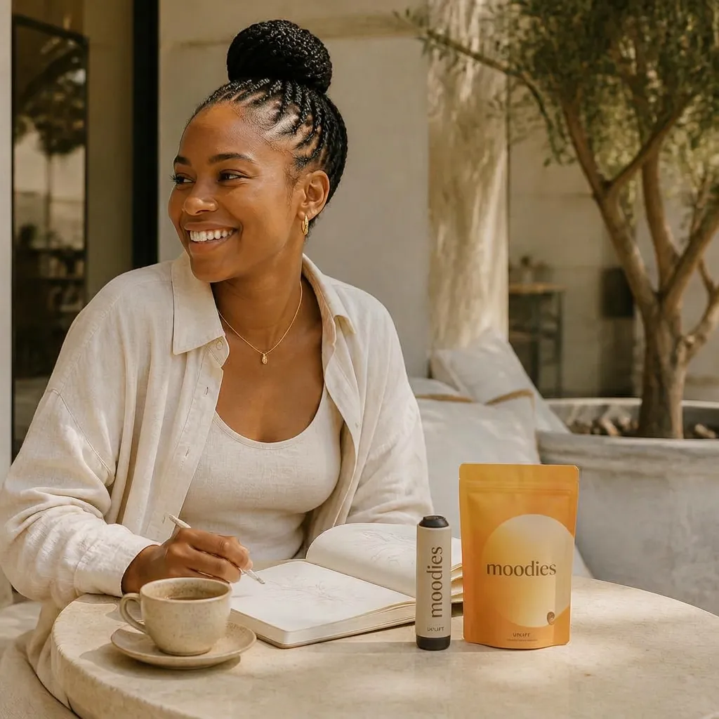Creative entrepreneur enjoying an Uplift moment at a sunlit café